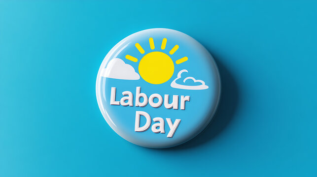 A celebratory pin featuring the words Labour Day, with a sun and cloud graphics on a blue background, promoting the labor rights and their contributions.