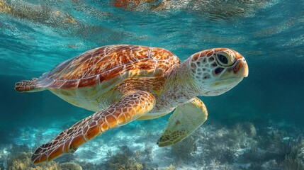Obraz premium A beautiful sea turtle glides through bright clear ocean waters showcasing its colorful shell against vibrant coral reefs. Sunlight sparkles on the surface enhancing the underwater scene.