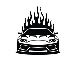 Dynamic sports car with fiery flames illustration, representing power and speed in a modern vector graphic design concept