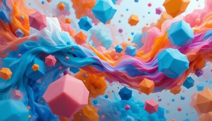 Vibrant abstract composition with colorful swirling fabric and floating geometric shapes