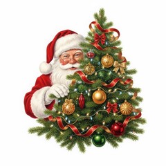 Obraz premium Close-up of Santa Claus peering over a beautifully decorated Christmas tree, isolated on white.