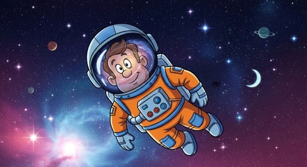 Cartoon astronaut floating in cosmic expanse with vibrant nebulae and celestial bodies creating a