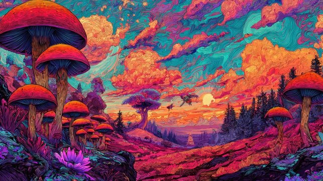 This scene features large colorful mushrooms in varying heights under a vivid sky filled with swirling clouds.