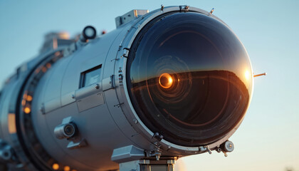 Close-up of missile guidance system advanced technology, precision engineering. Large lens reflects sunlight, intricate optics. Cylindrical metal body mounted on stand against clear blue sky.