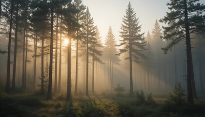 Sunbeams pierce through misty pine forest at dawn, creating a serene and magical atmosphere.
