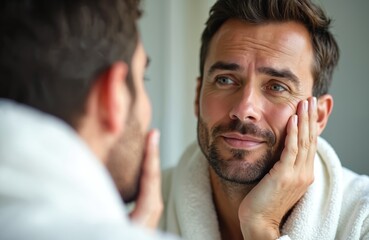Obraz premium Man in white bathrobe checks face in mirror. He touches skin, looks at reflection. Man has short brown hair, beard. He examines wrinkles, skin condition.
