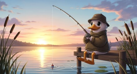 Cartoon duck fishing on a peaceful lake pier at sunset a serene illustration of nature and