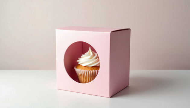 Pink cupcake rests inside a pink box with a circular window. Delicious dessert displayed in a stylish gift packaging. White frosting swirl on top in a bakery photo studio.