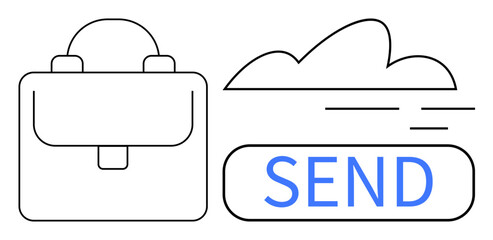 Briefcase next to cloud and SEND button indicating digital file sharing, collaboration, and cloud storage. Ideal for teamwork, productivity, technology, communication, workflow, efficiency simple