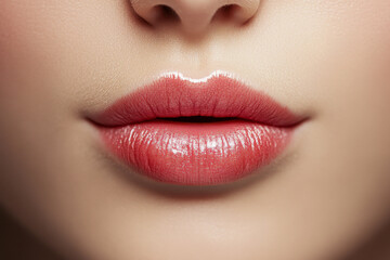 Fototapeta premium Softly colored lips in a close-up, showcasing a glossy finish that highlights their natural beauty and smooth texture