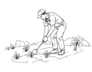 Minimalist line art of a gardener weeding the flower beds
