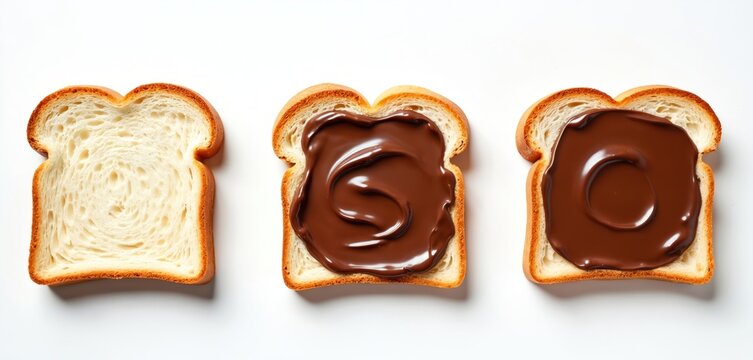 Three bread slices arranged side-by-side on white background. One slice is plain, two others are generously topped with smooth chocolate hazelnut spread.