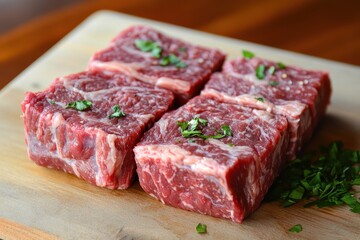 Obraz premium Four cubes of raw beef seasoned with herbs on a wooden cutting board.