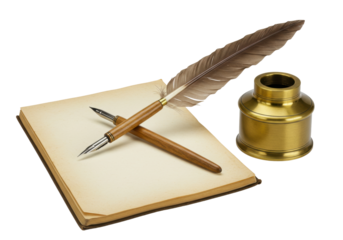 Isolated vintage writing set with quill pen, antique inkwell, and open book or diary