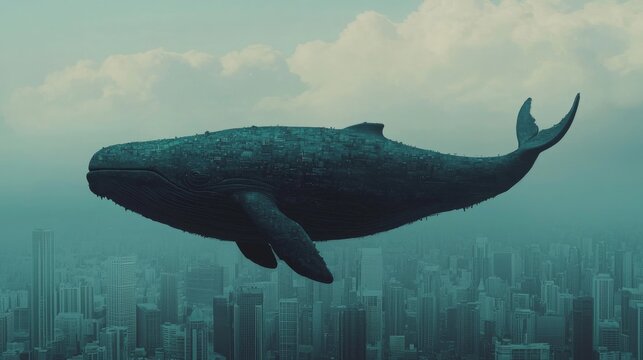 Whale City Dreams: Futuristic Metropolis on Giant Flying Whale in Surreal Skyland Fantasy World