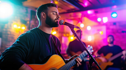 Obraz premium Musician passionately performs on stage with guitar, surrounded by colorful lights and lively atmosphere