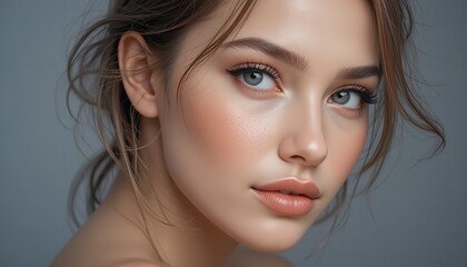 Serene young woman with soft makeup and gentle gaze, conveying natural beauty and grace.