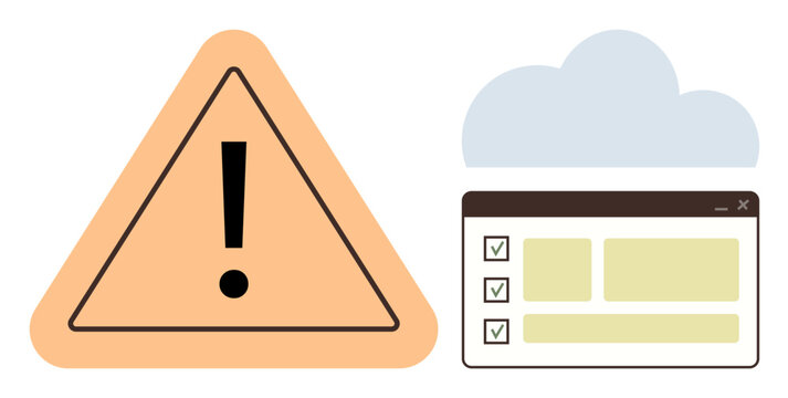 Exclamation triangle signifies caution, checklist in browser window represents organized tasks, cloud conveys digital storage. Ideal for warning, task management, digital safety, planning
