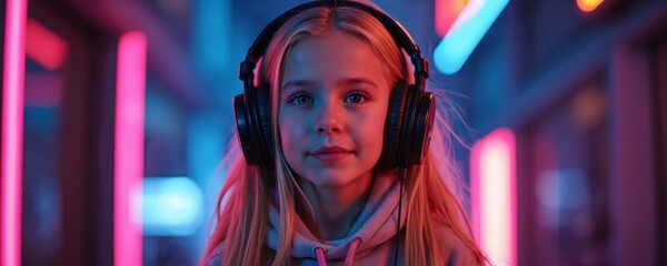 A young girl listens to music through headphones against a backdrop of neon lights. She wears casual attire. The photo embodies the modern aesthetic and joy.