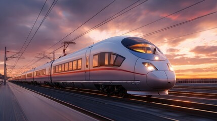 Naklejka premium A sleek high-speed train speeds down the railway tracks during sunset. The sky is filled with hues of orange and purple as the sun sets on the horizon casting a warm glow.