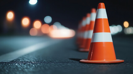 Road work ahead with orange and white safety cones, providing a warning for drivers in low light. Caution and care advised when construction is ongoing.