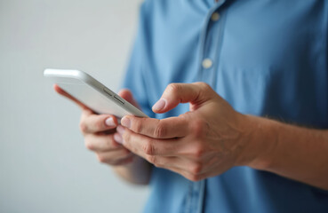 Person uses smartphone closeup photo. Man holding phone with hands. Young guy texting messages. Modern tech communication device. Male browsing mobile apps in social media.