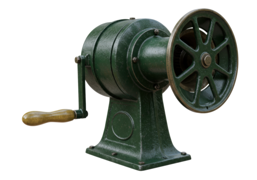 Isolated green manual vintage meat grinder antique hand crank tool food processing equipment