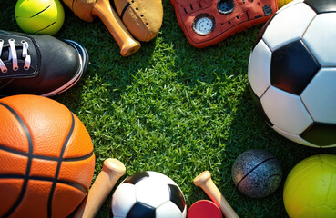 Collection of sports gear rests on lush green grass. Includes soccer, basketball, tennis racket, baseball bat and gloves. Ready for a game, outdoor activity or training session.