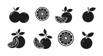 Illustration of black orange fruit icons collection on white background