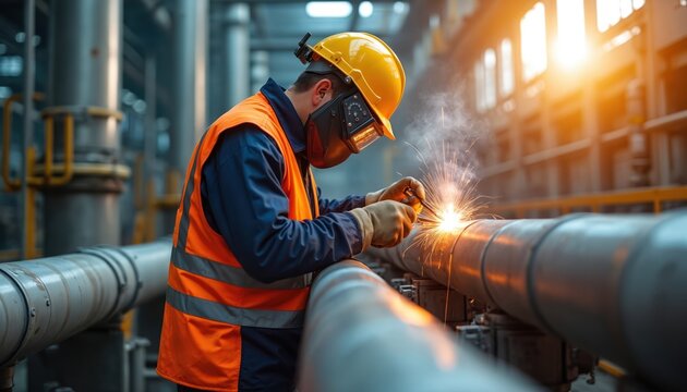 Man welds pipes in factory. Industrial worker wears safety helmet and vest. Welder repairs pipeline using equipment with sparks. Pipefitting professional works at facility with gas system. - Powered by Adobe