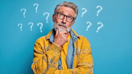 A senior man with gray hair and glasses is thoughtfully touching his chin. He wears a yellow sweater over a blue shirt. A bright blue background features several question marks indicating curiosity.