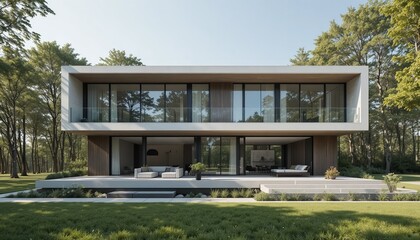 Modern minimalist house with large windows nestled in a serene forest setting