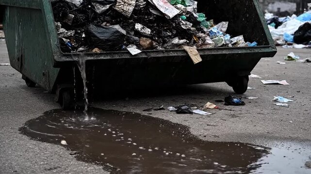 Dumpster overflow with leaking waste water causing pollution and environmental damage