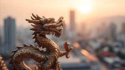 Fototapeta premium Golden dragon statue overlooks a city at sunset.