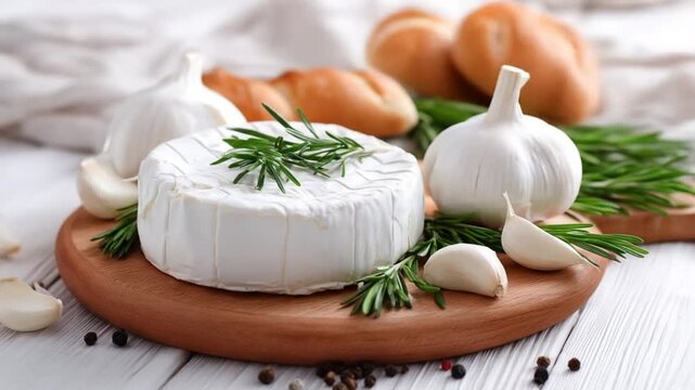 A creamy brie cheese wheel is presented with fresh rosemary and garlic on a wooden board.