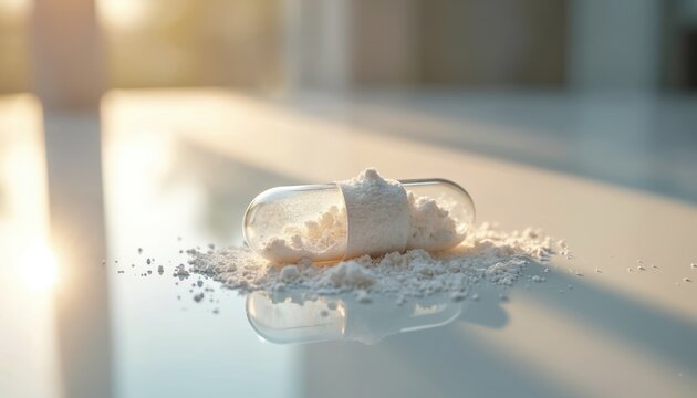 Clear capsule containing white powder on a reflective white surface with sunlight reflection. Powder spills out of capsule. Bright and tranquil setting with soft shadows and blurred background.
