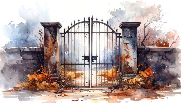 Watercolor gates to a secluded path