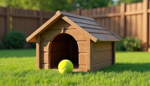 Wooden doghouse sits on green grass with bright tennis ball nearby. Sunny afternoon light shines on backyard pet shelter and toy. This scene suggests playful outdoor canine activity and relaxation.