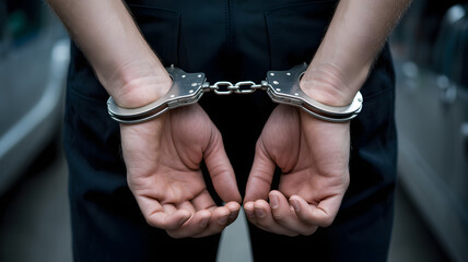 Man arrested with hands cuffed behind back, caught in crime, justice and law enforcement concept