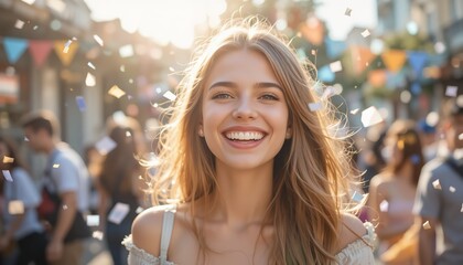 Joyful young woman smiling brightly amidst a festive outdoor celebration with falling confetti.