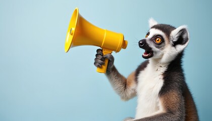 Ring-tailed lemur holds yellow megaphone making announcement against blue backdrop. Cute animal communicates loudly, drawing attention to message or news.