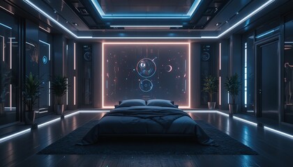 Futuristic bedroom with glowing neon lights and a large screen displaying celestial patterns.