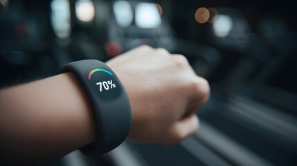 Fitness tracker shows 70% progress on a person's wrist.