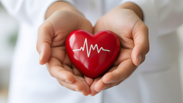 Protecting heart health red heart with cardiogram held gently in cupped hands for medical awareness - Powered by Adobe