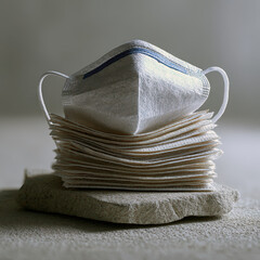 Pile of protective face masks on stone surface