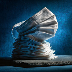 Stack of medical face masks on dark background