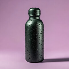 Black metal water bottle with water drops