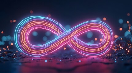 Futuristic glowing infinity loop neon light symbol