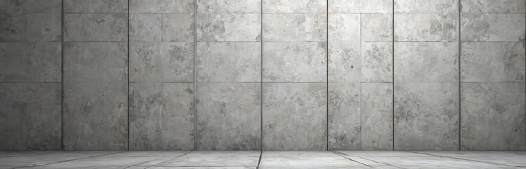Seamless panorama of concrete tile wall and floor surface. Grey, white, and stone textures offer minimalist, modern backdrop for design. This industrial interior is perfect for various applications.