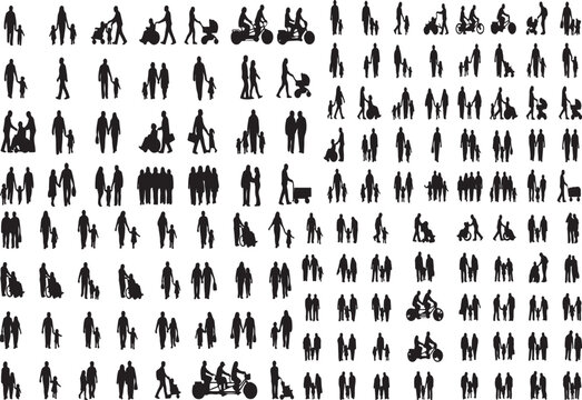 Large vector set of diverse black people silhouettes for graphic design and architectural diagrams